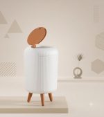 Household Trash Can with Lid, White Plastic, Wooden Style Legs