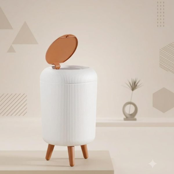Household Trash Can with Lid, White Plastic, Wooden Style Legs