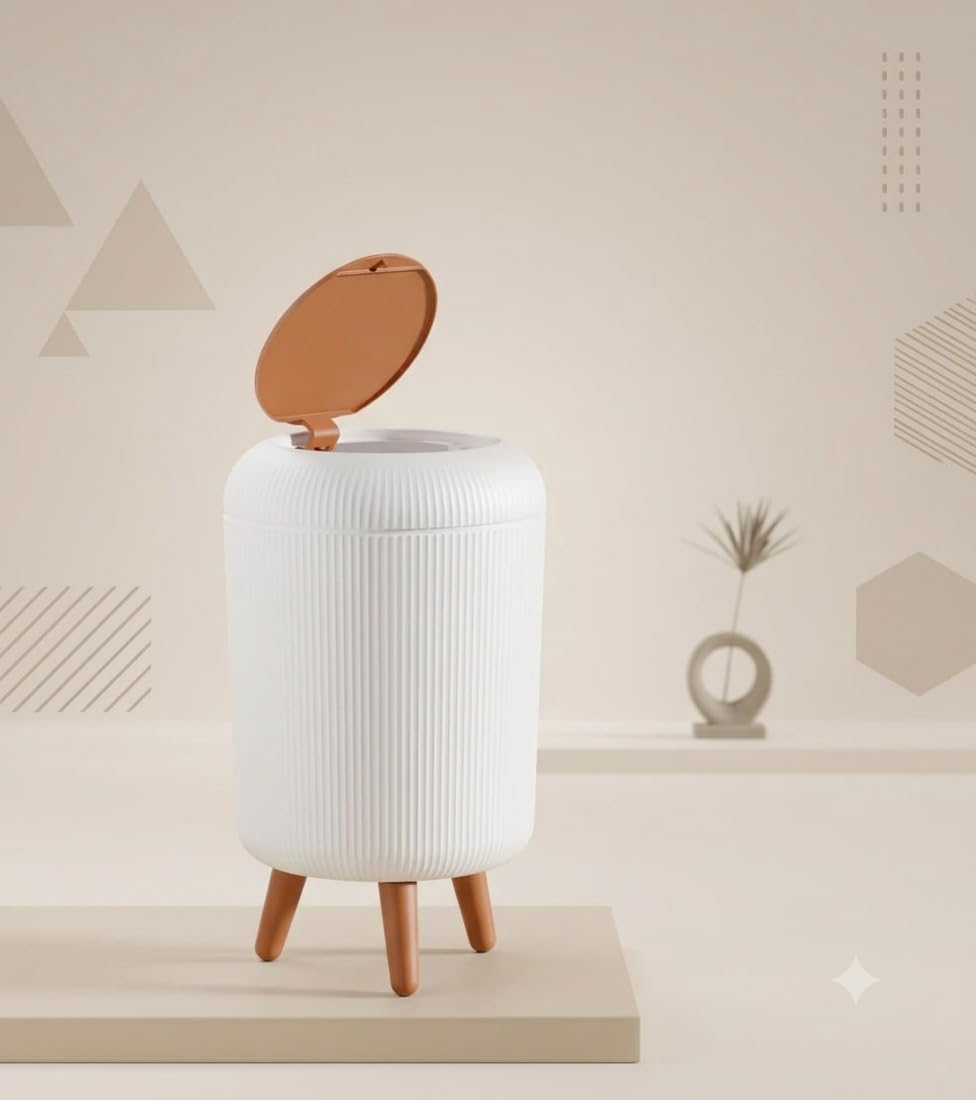 51tvvbGt+gL._SL1100_ Household Trash Can with Lid, White Plastic, Wooden Style Legs - Image 1