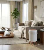 Household Trash Can with Lid, White Plastic, Wooden Style Legs - Image 2