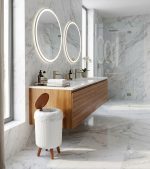 Household Trash Can with Lid, White Plastic, Wooden Style Legs - Image 3