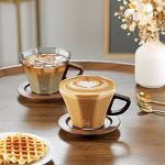 Glass Mug with Wooden Handle and Saucer Set(230ML)-GOLD - Image 3