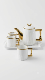White & Gold Ceramic Tea Set - 8 Pcs (1 Kettle + 6 Cups + 1 Tray) - Image 4