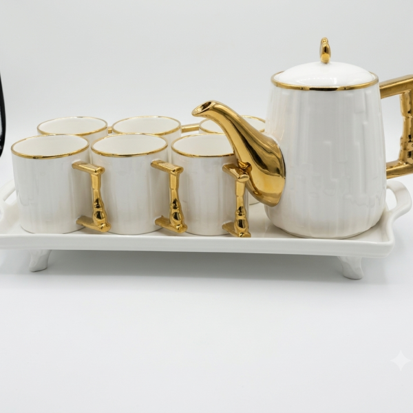 White & Gold Ceramic Tea Set - 8 Pcs (1 Kettle + 6 Cups + 1 Tray)