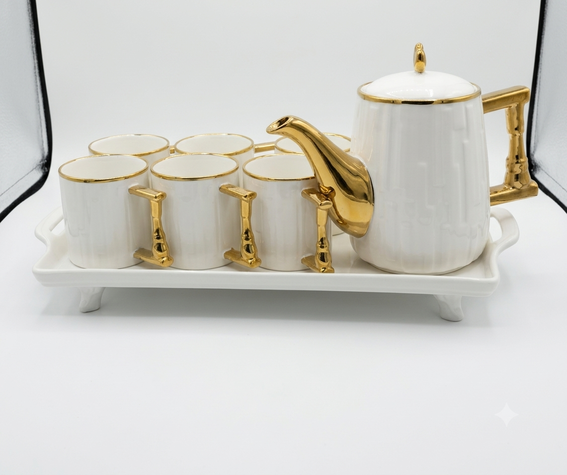 Gemini_Generated_Image_2r9aye2r9aye2r9a White & Gold Ceramic Tea Set - 8 Pcs (1 Kettle + 6 Cups + 1 Tray) - Image 1