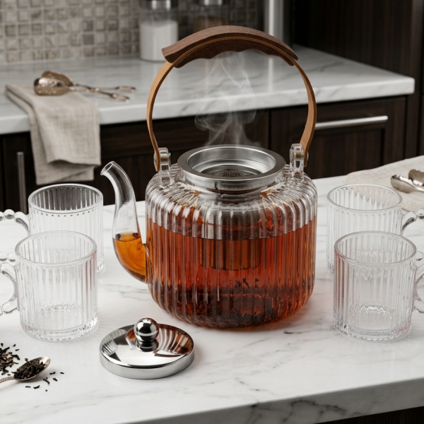 Glass Teapot Set with Wooden Accent Handle & Stainless Steel Infuser