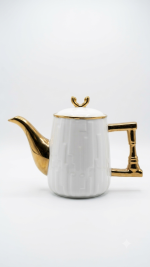 White & Gold Ceramic Tea Set - 8 Pcs (1 Kettle + 6 Cups + 1 Tray) - Image 3