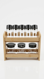 8-Piece Modular Glass Spice Jar Set with Two-Tier Bamboo Organizer
