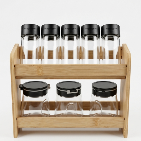 8-Piece Modular Glass Spice Jar Set with Two-Tier Bamboo Organizer