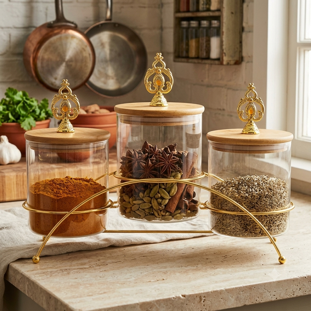 Gemini_Generated_Image_4xl9nz4xl9nz4xl9 3-Piece Glass Spice Jar Set with Decorative Metal Stand (800ml) - Image 1