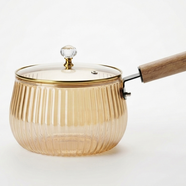 Amber Fluted Glass Saucepan with Wooden Handle & Glass Lid
