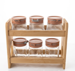 6-Piece Glass Spice Jar Set with Two-Tier Bamboo Organizer - Pink