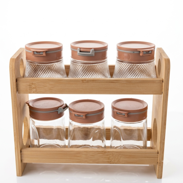 6-Piece Glass Spice Jar Set with Two-Tier Bamboo Organizer - Pink