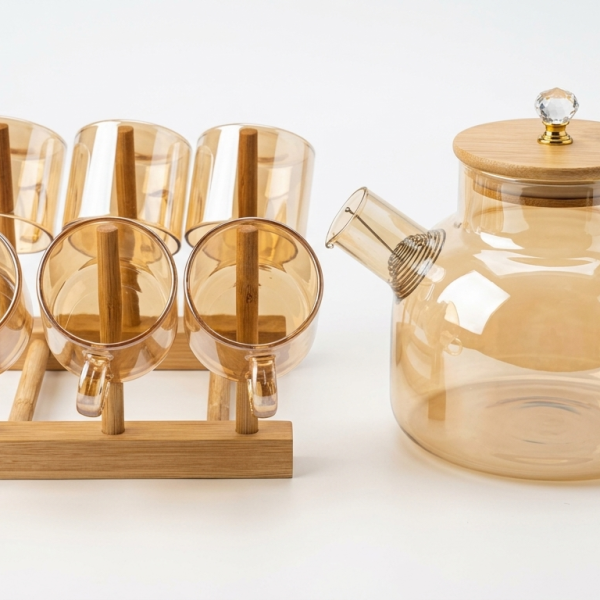Premium Borosilicate Glass Teapot Set with 6 Cups & Bamboo Stand