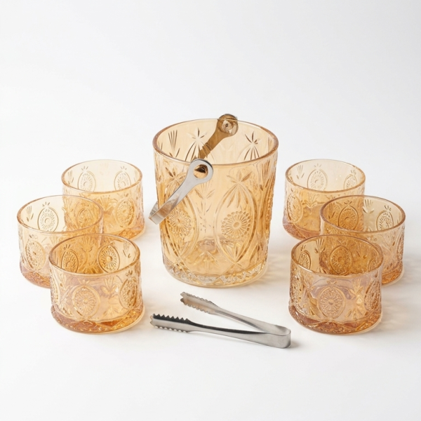 Amber Glass Ice Bucket & Tumbler Set