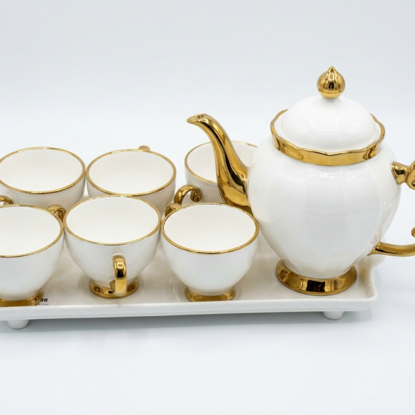 Luxury Royal White & Gold Ceramic Tea Set with Footed Serving Tray