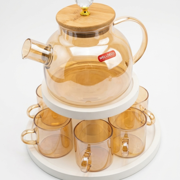 Glass Tea Set with Bamboo Lid, Crystal Knob & 2-Tier Serving Stand