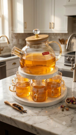 Glass Tea Set with Bamboo Lid, Crystal Knob & 2-Tier Serving Stand - Image 2
