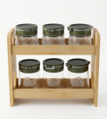 6-Piece Glass Spice Jar Set with Two-Tier Bamboo Organizer - Green