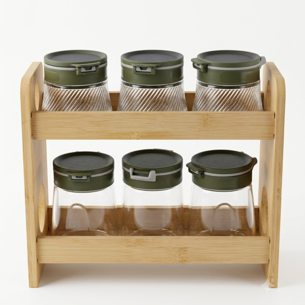 6-Piece Glass Spice Jar Set with Two-Tier Bamboo Organizer - Green