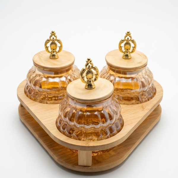 3-Piece Fluted Glass Spice Jar Set with Triangular Wooden Tray