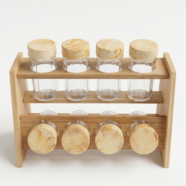 2-Tier Wooden Spice Rack Set with 8 Glass Jars
