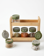 6-Piece Glass Spice Jar Set with Two-Tier Bamboo Organizer - Green - Image 3