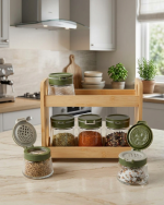 6-Piece Glass Spice Jar Set with Two-Tier Bamboo Organizer - Green - Image 2