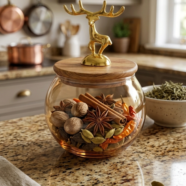Glass Spice Jar - Round Amber Canister with Wood Lid (550ML)