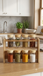 2-Tier Wooden Spice Rack Set with 8 Glass Jars - Image 3