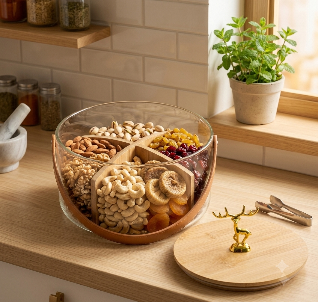 Gemini_Generated_Image_xe381oxe381oxe38 Glass Dry Fruit Basket with Bamboo Dividers (3500ML) - Image 1