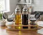 4-Piece Glass Oil & Spice Dispenser Set with Bamboo Caddy - Image 2