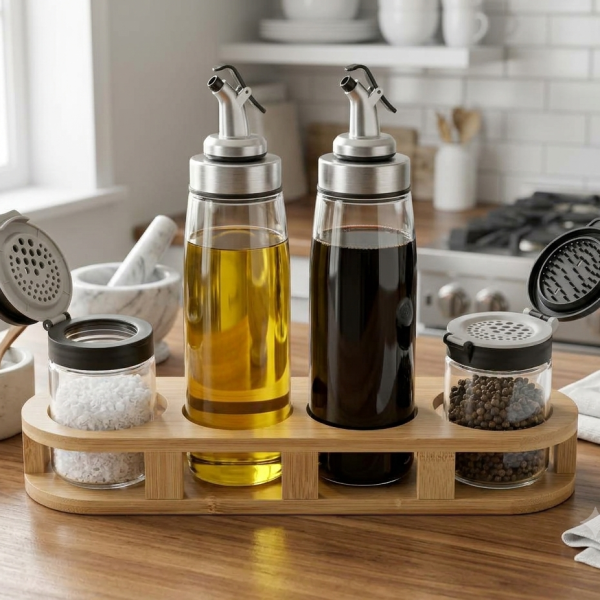 4-Piece Glass Oil & Spice Dispenser Set with Bamboo Caddy