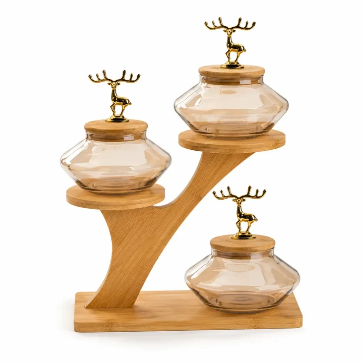 IMG_0814 3-Tier Luxury Glass Jar Set with Wooden Tree Display Stand - Image 1