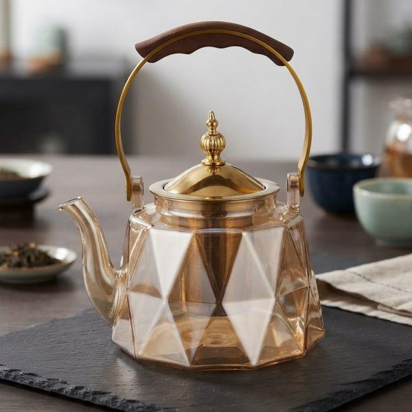 Diamond Amber Glass Teapot with Infuser(1280ML) - Luxury Gold Edition