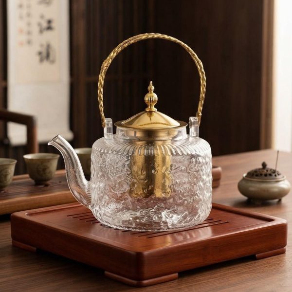 Embossed Glass Tea Kettle with Gold Handle(1280ML) - Stovetop Safe