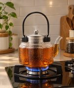 Amber Hammered Glass Teapot with Steel Infuser & Handle - Image 2