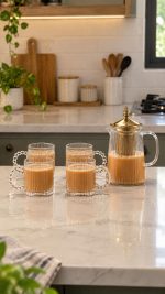 Ribbed Glass Tea Set with Gold Infuser - 6 Cups + Kettle - Image 2