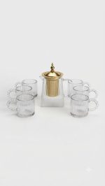 Ribbed Glass Tea Set with Gold Infuser - 6 Cups + Kettle - Image 7