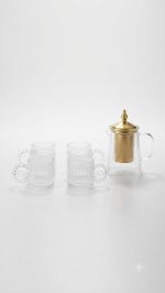 Ribbed Glass Tea Set with Gold Infuser - 6 Cups + Kettle - Image 5