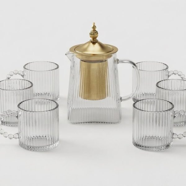 Ribbed Glass Tea Set with Gold Infuser - 6 Cups + Kettle