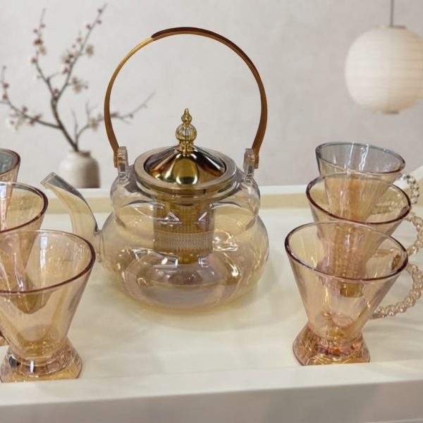 Glass Teapot Set with 6 Pearl Cups - Luxury Kahwa Set