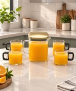 5 Pcs Nordic Glass Juice Set with Gold Lid - Pitcher + 4 Mugs