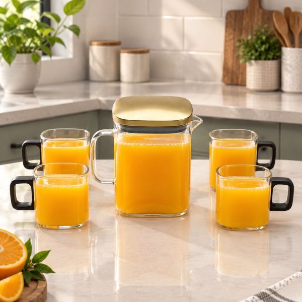 5 Pcs Nordic Glass Juice Set with Gold Lid - Pitcher + 4 Mugs