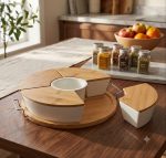 5-in-1 Ceramic Dry Fruit & Snack Serving Set with Bamboo Tray & Lids - Rotating Platter - Image 3