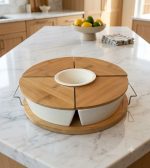 5-in-1 Ceramic Dry Fruit & Snack Serving Set with Bamboo Tray & Lids - Rotating Platter