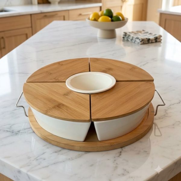 5-in-1 Ceramic Dry Fruit & Snack Serving Set with Bamboo Tray & Lids - Rotating Platter